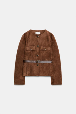 ZARA БЛЕЙЗЕР ИЗ ИСКУССТВЕННОЙ ЗАМШИ С ПОЯСОМ, КАРАМЕЛЬНЫЙ