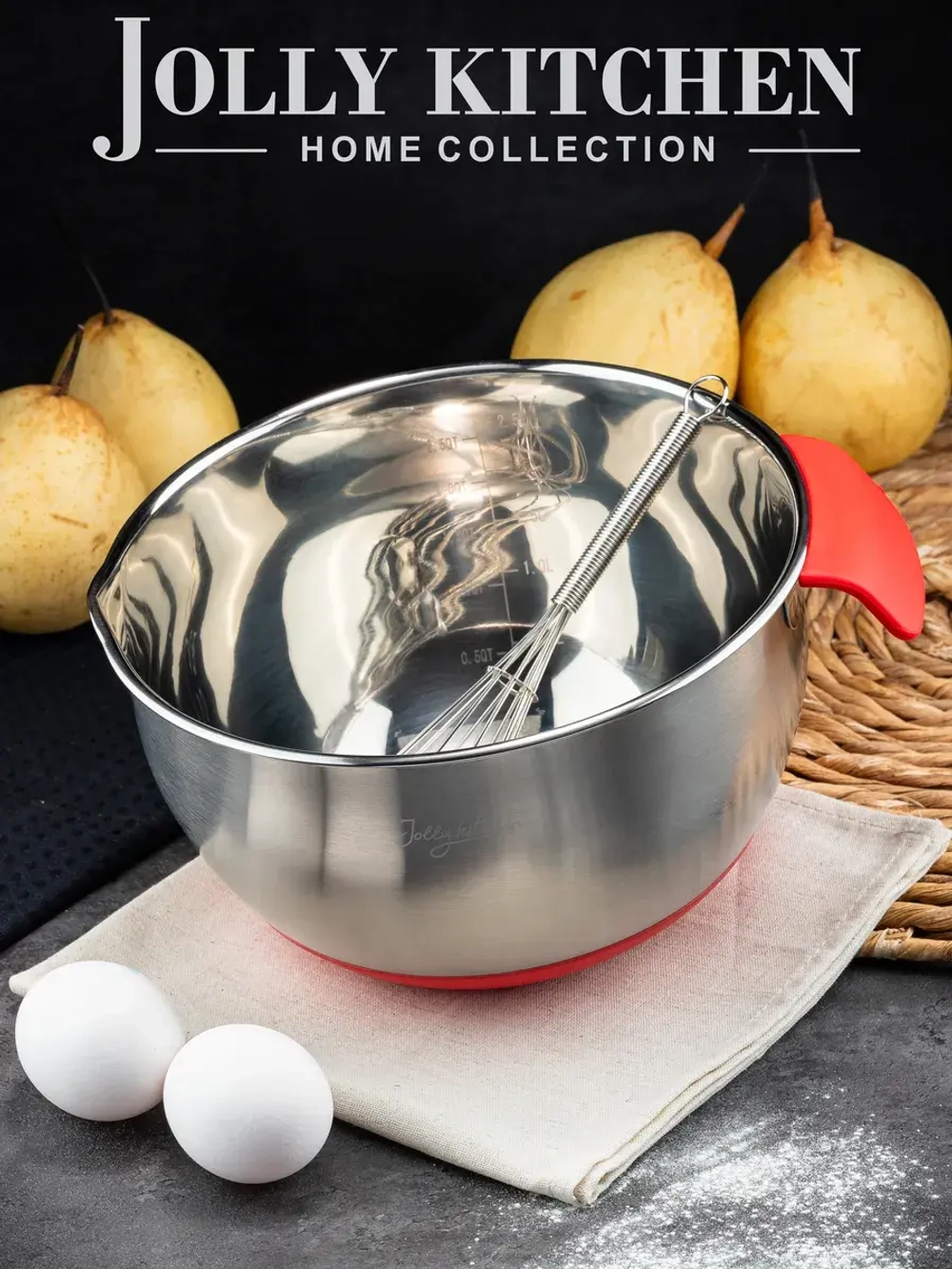 Миска Jolly Kitchen с ручкой, красная, 22 см, нержавеющая сталь 0,5 мм, объем 2,6 л