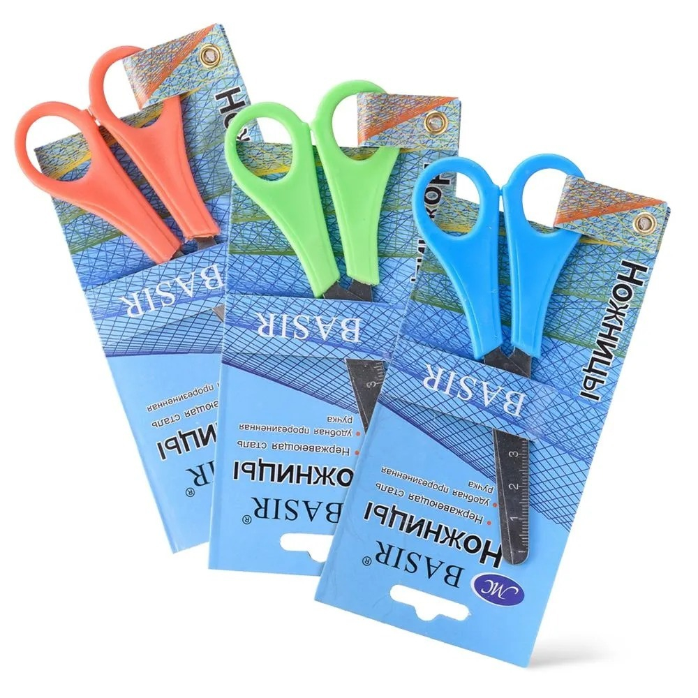 Ножницы канцелярские детские 13 см, 3 шт, с линейкой на лезвии, MC-Basir, набор ножниц с закругленными концами для резки бумаги, картона и рукоделия, длина лезвия 6 см
