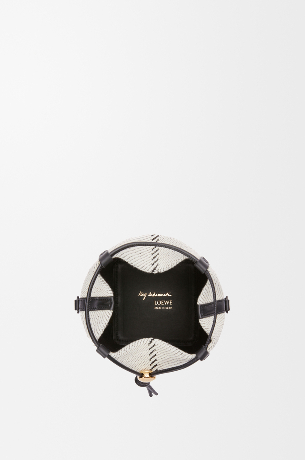 Loewe Маленькая сумка-ведро Treasure Bako из жаккардовой парусины и телячьей кожи, натуральный/черный