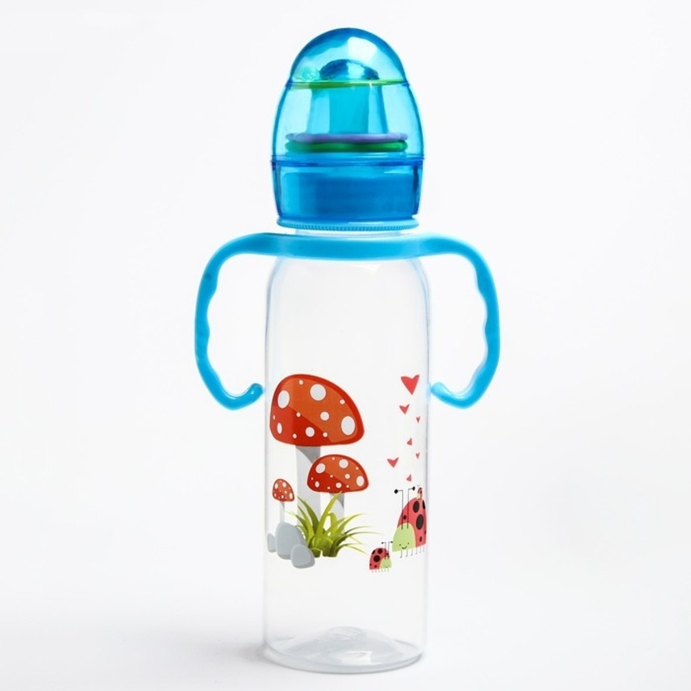 145001 Бутылочка для кормления с крышечкой с погремушкой, 250 мл, от 3 мес.,средний поток, цвета МИК