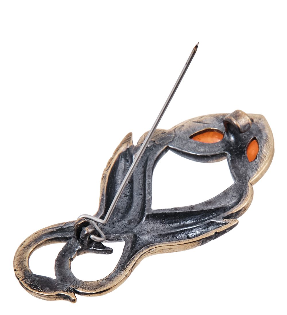 AM- 718 Брошь «Влюбленные птицы» (латунь, янтарь)