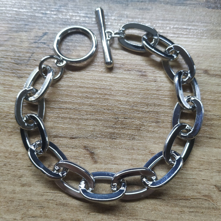 Браслет-тоггл "Цепи" плетение якорное овал плоский 16 мм металл серебристый