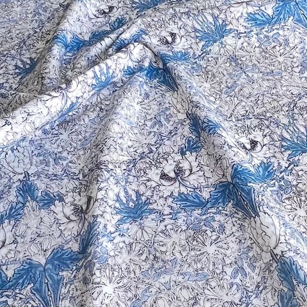 ЦВЕТОЧНАЯ ЭЙФОРИЯ В СТИЛЕ У. МОРРИСА СИНЕЕ СЕРЕБРО 100% хлопок Handmade Fabrics 1