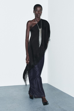 ZARA АСИММЕТРИЧНЫЙ ТОП С КРУЖЕВОМ — ZW COLLECTION, ЧЕРНЫЙ