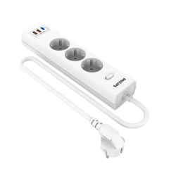 Сетевой фильтр удлинитель Philips CHP4336WA/51 с тремя стандартными розетками EU, 2 USB-A, Type-C, с заземлением и защитой от перегрузок, 2 м, белый