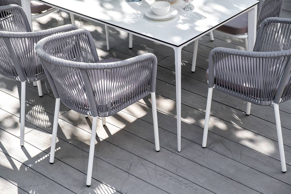 "Малага" обеденная группа на 6 персон со стульями "Марсель", каркас белый, роуп светло-серый