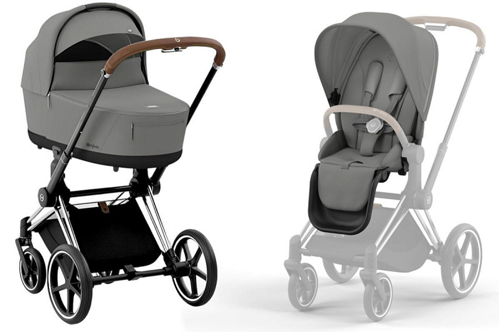 Коляска 3 в 1 Cybex Priam IV Chrome Brown complete и автокресло Aton S2 i-Size Ocean Blue Mirage Grey