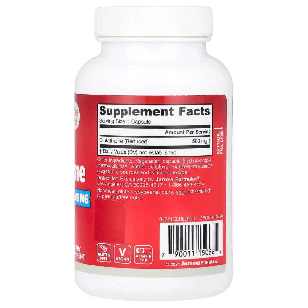 Jarrow Formulas, Восстановленный глутатион, 500 мг, 120 вегетарианских капсул