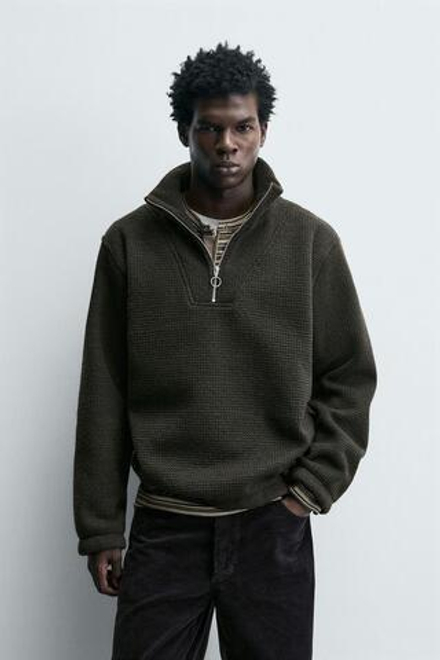 ZARA ТОЛСТОВКА С ВОРОТНИКОМ НА МОЛНИИ И СТРУКТУРОЙ, ТЕМНО-ЗЕЛЕНЫЙ