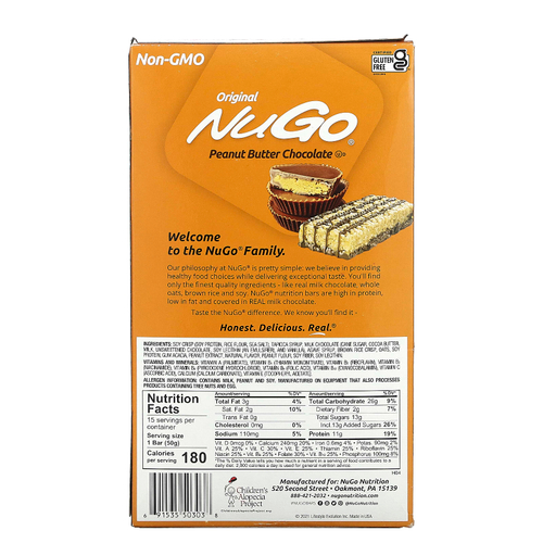 NuGo Nutrition, Оригинальные шоколадные батончики с арахисовой пастой, 15 батончиков, 50 г (1,76 унции)