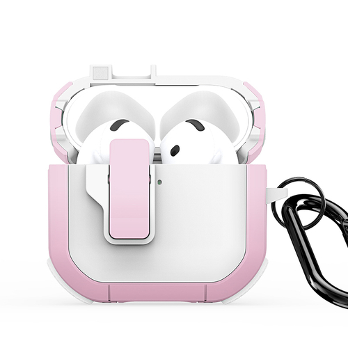 Чехол белый с розовыми вставками (WhitePink) от Dux Ducis для наушников AirPods 4, серия PECP Series Case, в комплекте с карабином