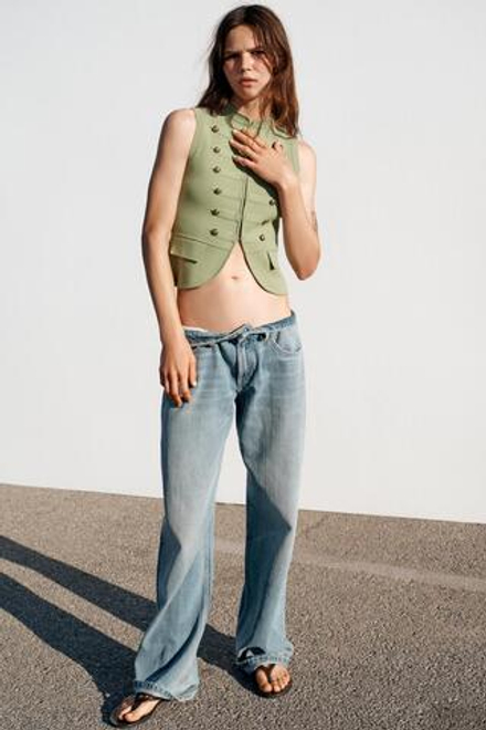 ZARA ТРИКОТАЖНЫЙ ЖИЛЕТ С НАВЕСНЫМИ ПЕТЛЯМИ, ХАКИ