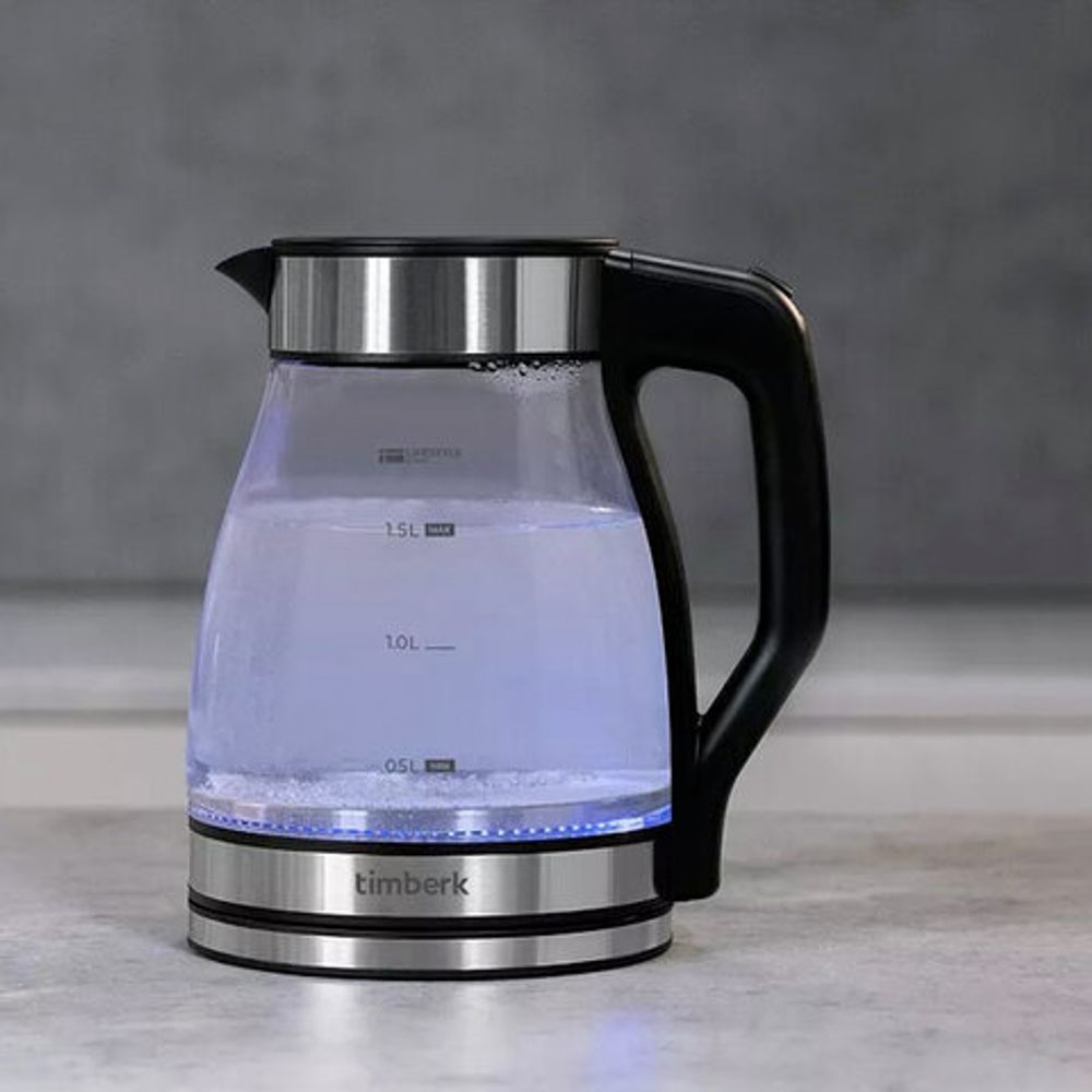 Чайник со съемным заварником TIMBERK T-EK27G02, 1,5 л, 1800 Вт, закрытый нагревательный элемент, стекло, стальной