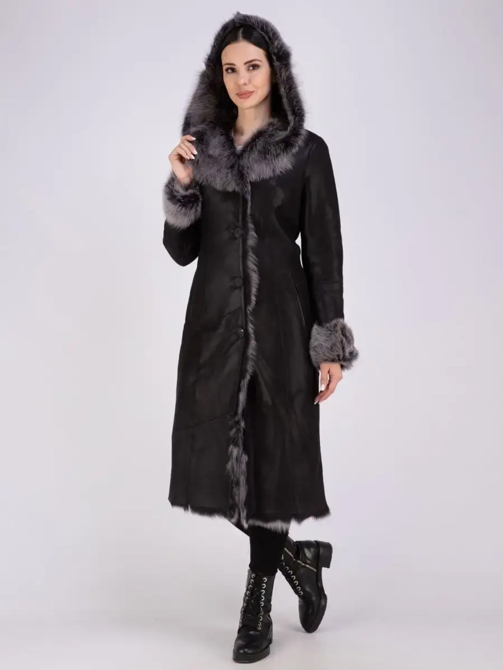 Дубленка натуральная с капюшоном длинная Турция