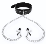 Черный ошейник с зажимами на соски на цепочке (Цвет: черный)