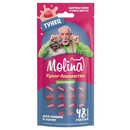Лакомство для кошек Molina 48г Крем-пюре с тунцом для взрослых кошек. Здоровая кожа, густая и блестящая шерсть