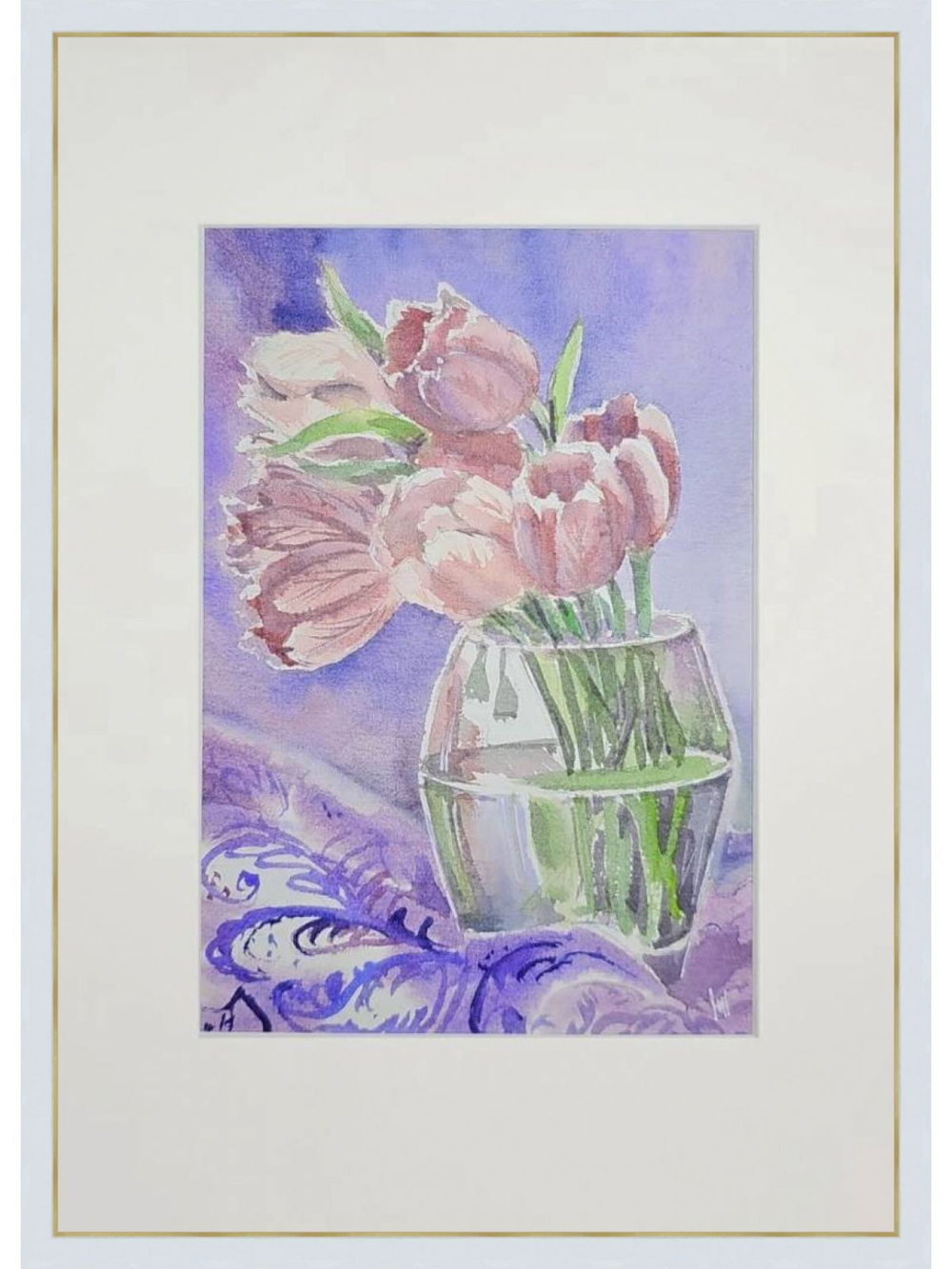 Картина авторская акварельная в паспарту 21х30 см на стену для интерьера "Тюльпаны"