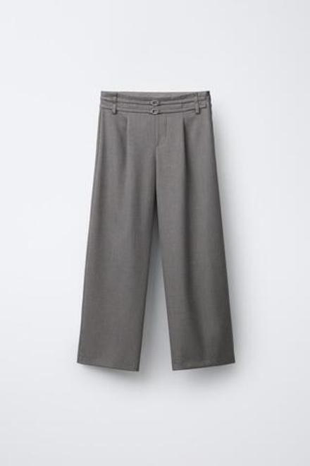 ZARA БРЮКИ WIDE LEG «ГУСИНАЯ ЛАПКА» С ДВОЙНЫМ РЕМНЕМ, СЕРО-КОРИЧНЕВЫЙ