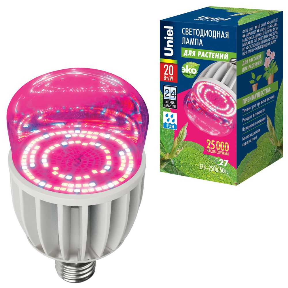 LED-M80-20W-SP-E27-CL ALS55WH Лампа светодиодная для растений. IP54. Форма M. прозрачная колба. Материал корпуса алюминий. Упаковка картон.