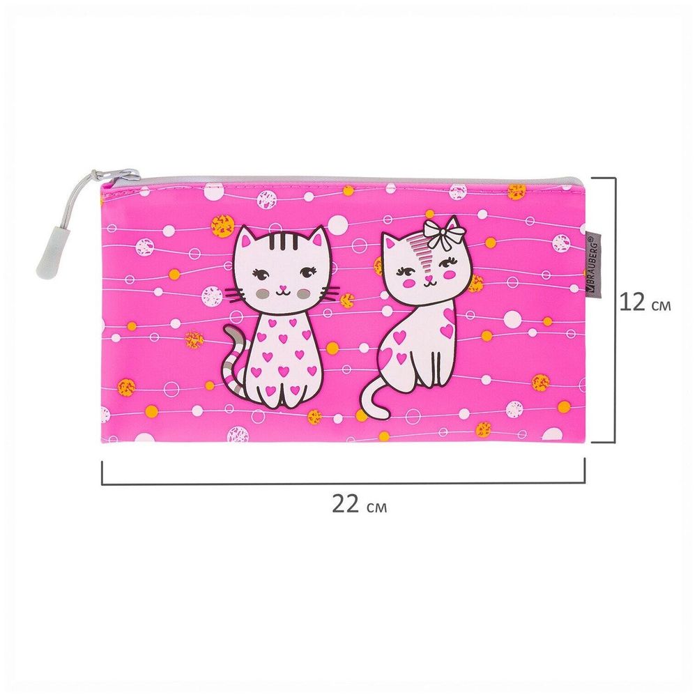 Пенал-конверт BRAUBERG, мягкий, водонепроницаемая молния, формат А6, "Kittens", 22х12 см, 229258