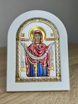 Покрова БМ, икона арочная, белое дерево, эмаль 86х112