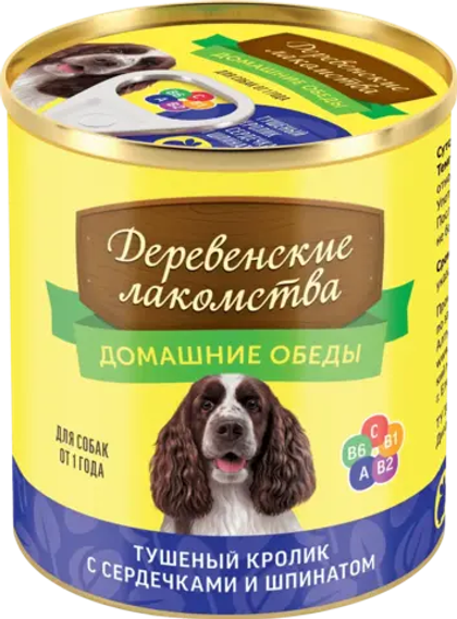 ДЕРЕВЕНСКИЕ ЛАКОМСТВА Консервы для взрослых собак, Тушёный кролик с сердечками и шпинатом, 240 г