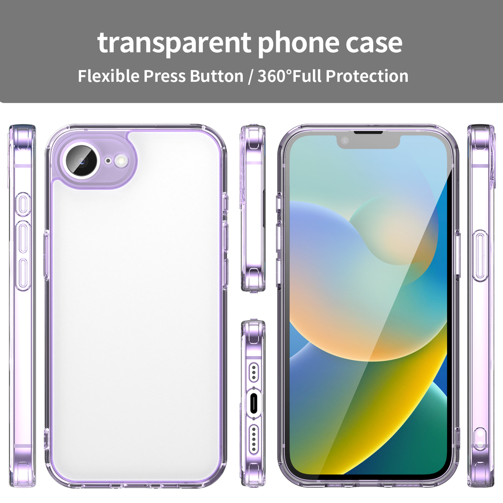 Чехол прозрачный для iPhone 16e, мягкие усиленные боковые рамки фиолетового цвета