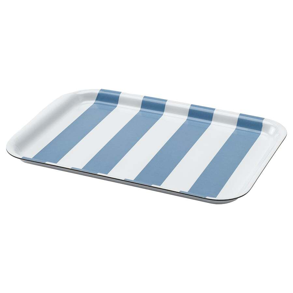 Икеа SOLDATFISK Поднос полосатый белый/серо-синий, 20х28 см