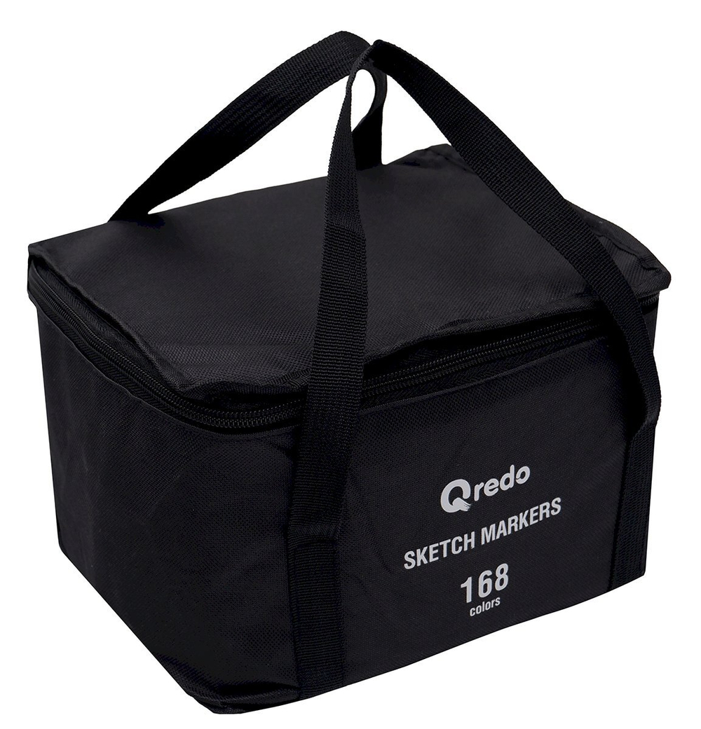 Маркеры для скетчинга Qredo Black, 168 штук, двусторонние, с раскраской 10 листов, в текстильной сумке