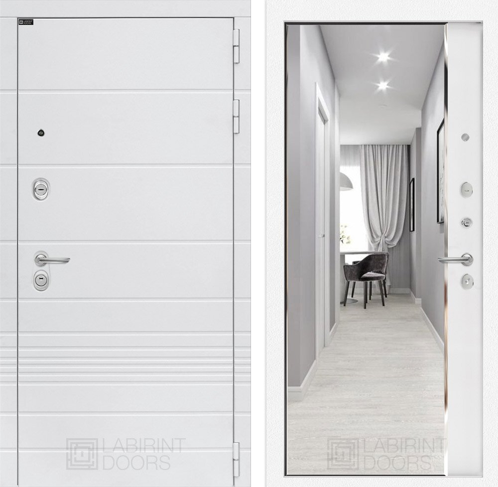 Входная дверь в квартиру белая с зеркалом Лабиринт Trendo (Трендо) зеркало Панорама Белый софт / Белый камень