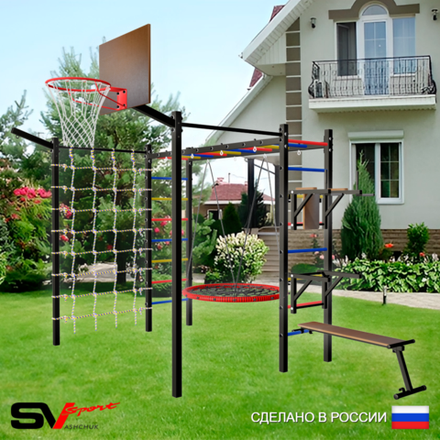 Уличная шведская стенка Sv Sport рукоход с комплектом турник прямой 2шт У5537К (Брусья/Стойка/Скамья/Гнездо 80см/Щит баскет/Кронш бокс/Сетка)