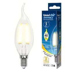 LED-CW35-5W-WW-E14-CL-DIM GLA01TR Лампа светодиодная диммируемая. Форма свеча на ветру. прозрачная. Серия Air. Теплый белый свет 3000K. Картон. ТМ Uniel