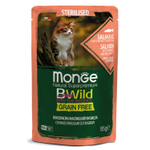 Влажный корм Monge Cat BWild GRAIN FREE для стерилизованных кошек, беззерновой, из лосося с креветками и овощами, паучи 85 гр - 24 шт