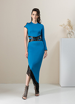 Платье-футляр с одним длинным рукавом синее 03-02-23 SS