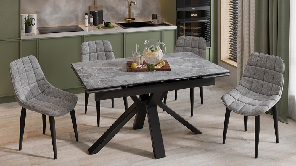 Стол кухонный обеденный раздвижной Черный муар/Керамика матовая белый мрамор 140(200)х85х76 см