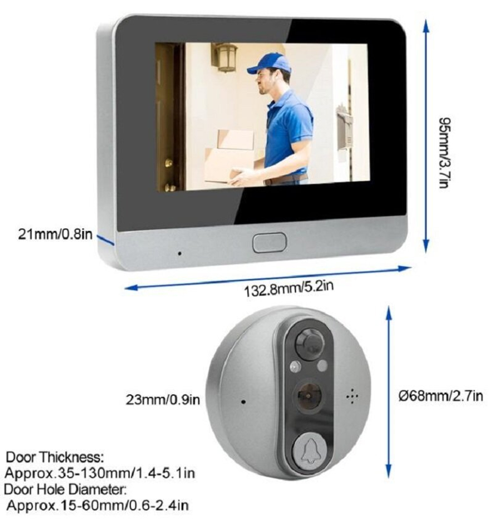 Видеоглазок AVT Super eye door Q 039 с кнопкой вызова, датчиком движения , дисплеем и подключением Wi-Fi