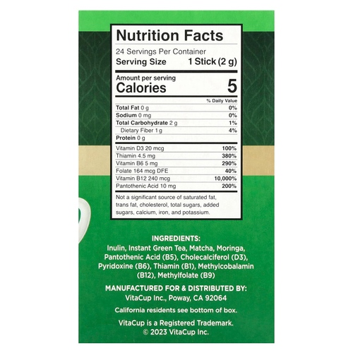 VitaCup, Зеленый чай, растворимый, несладкий, 24 стика на одну порцию, 2 г (0,07 унции) каждый
