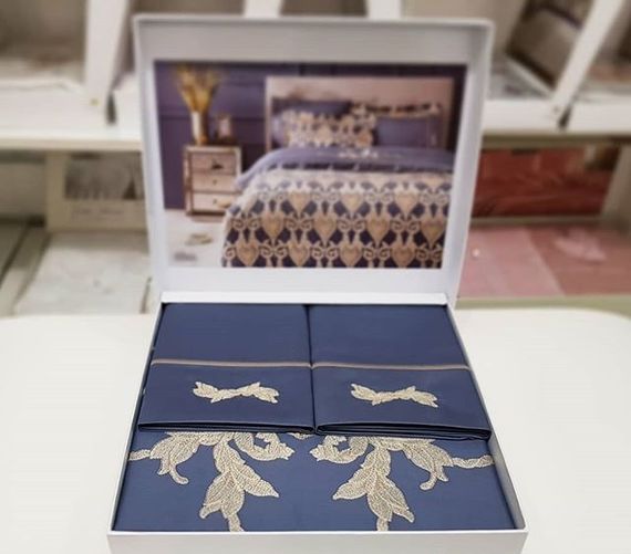 Постельное белье BERTA ЖАККАРД с вышивкой синий TIVOLYO HOME Турция