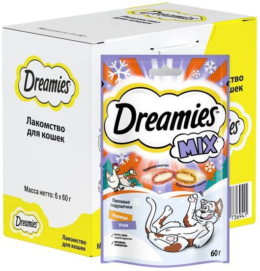 DREAMIES лакомство для кошек подушечки c курицей и уткой