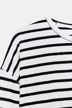 ZARA ФУТБОЛКА ИЗ ХЛОПКА И ЛЬНА В ПОЛОСКУ, ЧЕРНЫЙ/БЕЛЫЙ