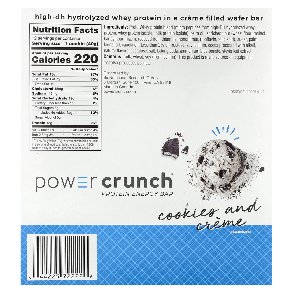 BNRG, Энергетический белковый батончик Power Crunch Original, печенье с кремом, 12 батончиков, вес каждого 40 г (1,4 унции)