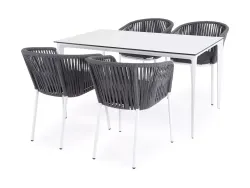 "Малага" обеденная группа на 4 персоны со стульями "Бордо", каркас белый, роуп серый