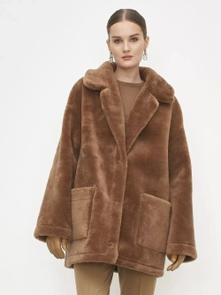 Двусторонняя дубленка из овечьей шерсти тедди чебурашка, коричневая, SilverFox