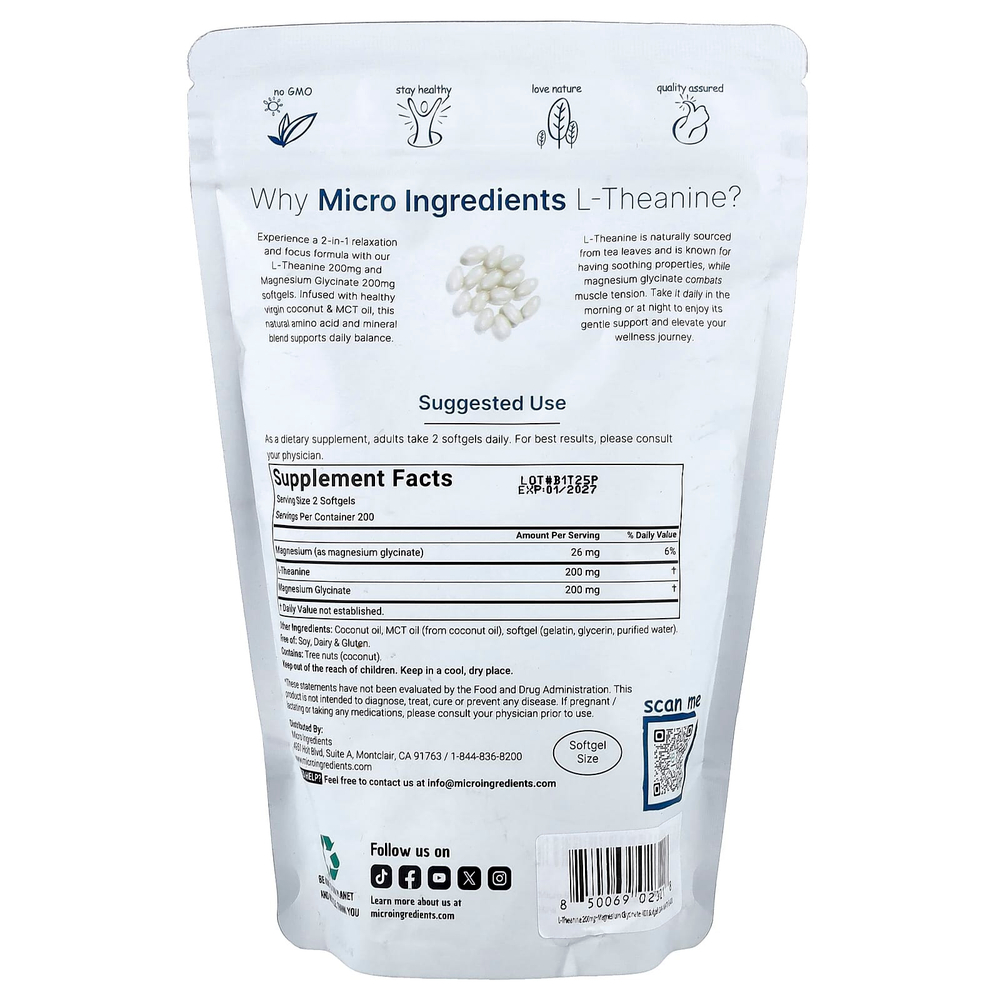 Micro Ingredients, L-теанин + глицинат магния, 400 мягких таблеток