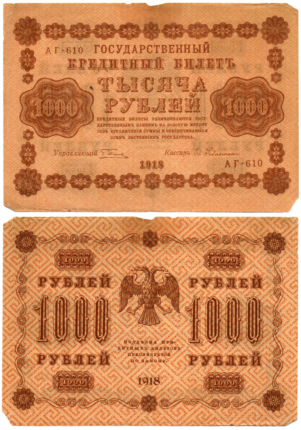 Кредитный билет 1000 рублей 1918 г. АГ-610. F