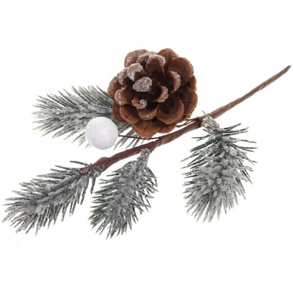 Ветка хвойная «Шишки и хлопок» 20 см