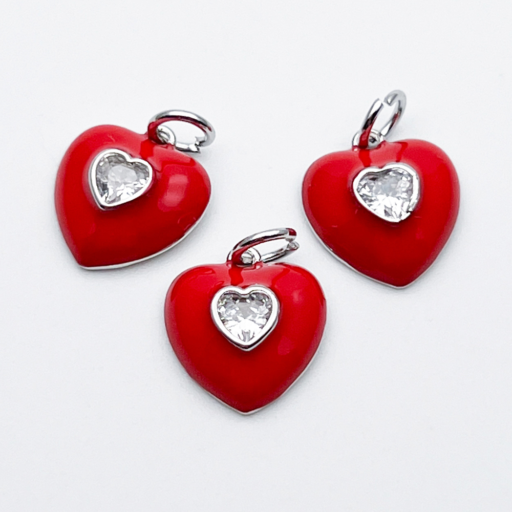 Подвеска Сердце, цвет серебро+красный, фианит, размер 13*12 мм, цена за 1 шт