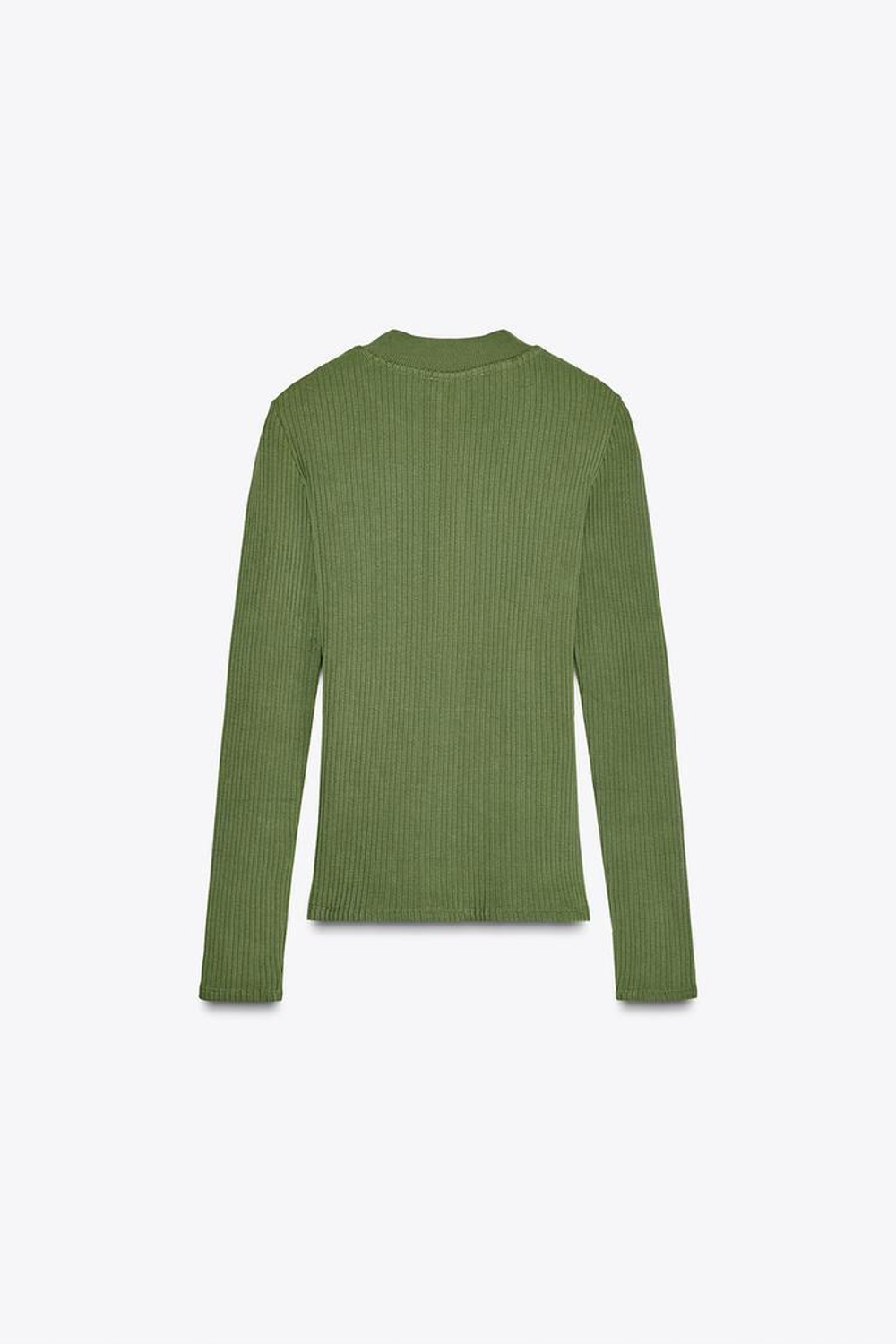 ZARA ФУТБОЛКА ИЗ РИФЛЕНОГО ТРИКОТАЖА С ПУГОВИЦАМИ, ЗЕЛЕНЫЙ/ЭКРЮ