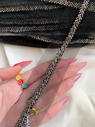 Тесьма на сетке стеклярус бисер графит 0,75 см